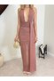 Women's Powder Color Long Halter Neck Deep V-Neck Gathered Slit Transparent Dress - 4