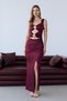 Burgundy Gold Accessory Detailed Low-Cut Draped Long Evening Dress