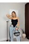Women's Black Thin Strap Degaje Collar Draped Zippered Pointed Toe Crop Blouse - 5
