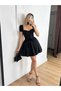 Women's Black Mini Dress Square Neck Balloon Sleeves Lace-Up Flared Cut - 3