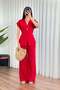 Women's Red Top and Bottom Set Linen Two-Piece Set Single Button V-Neck Lace-Up Wide Leg