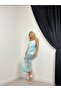 Women's Blue Strappy Square Neck Gathered Floral Patterned Maxi Fitted Dress