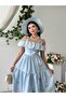 Women's Patterned Dress with Off-Shoulder Design, Ruffles, Belted Layered Skirt, Poplin - 5