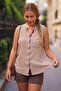 Beige High Neck Sleeveless Buttoned Pocketed Casual Muslin Woven Blouse 70 60 - 3
