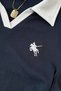 Olos Navy Blue Polo Collar Ribbed Lycra Embroidered Premium Drawstring Long Sleeve Blouse - 4