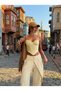 Women's Salgu Cotton Linen Fabric Supported Strap Bustier and Cross Detailed Trousers Set - 6