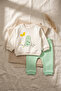 Aura Bloom Rabbit Patterned Cream Sweatshirt and Polka Dot Mint Pants 2-Piece Baby Set - 100% Cotton - 2