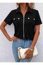 Women's short sleeve jacket with collar, zipper front, and pocket detail, imported crepe blouse with short sleeves. - 2