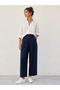 Women's Navy Blue High Waist Pleated Detailed Fabric Trousers - 4