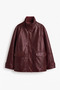 Women's Vintage Long Oversize Zippered Clamshell Pocket Burgundy Leather Jacket - 4