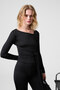 Thorn women's asymmetric neckline front tie functional lacing long sleeve black blouse with stretch fabric - 2