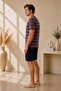 Men's Burgundy Striped Buttoned Collar Short Sleeve T-Shirt Navy Blue Shorts Summer Pajama Set - 2