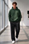 Men's Green Plain Hooded Sweatshirt Black Wide Leg Sweatpants Set