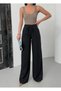Women's Black Palazzo Trousers with Elastic Waist, Lace-Up, Pockets, Wide Legs, Long