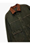 Faux Suede Collar Leopard Lined Pocketed Buttoned Long Sleeve Oversize Denim Jacket - 5