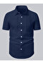 Men Navy Blue Pleated Spread Collar Shirt