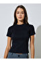 Black Ribbed Round Neck Fitted T-Shirt - 3