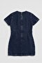 Women's Short Sleeve 100% Cotton Navy Blue Jean Dress with Crew Neck - 3