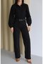 Women's Black Shirt Collar Belted Long Sleeve Straight Leg Cotton Jumpsuit