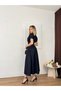 Women's Navy Blue Dress Midi Round Neck Short Sleeve Gathered Slit Flared Dress - 4