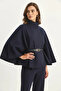 Women's Gold Button Detailed Belted Poncho Navy Blue - 8