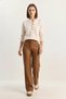 Women's High Waist Matte Faux Leather Palazzo Camel Trousers - 3