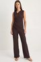 Women's Double-Breasted Collar Draped Blouse with Accessory Detail, Elastic Waist, Wrinkled Bitter Brown Suit