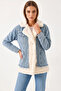 Women's Lined Denim Beige Blue Coat with Four Pockets - 5