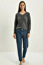 Women's Self-Textured V-Neck Anthracite Sweater - 7
