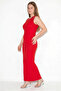 Women's Stone Embellished Crew Neck Thick Strap Ribbed Wrap Maxi Red Dress - 4