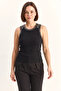Women's Stone Embellished Crew Neck Thick Strap Ribbed Black Blouse - 3