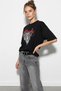 Women's Cotton Cheetah Printed Oversize Black T-Shirt with Text Detail - 2