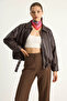 Women's Oversize Buckle Leather Brown Jacket - 5