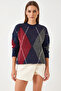 Women's Diamond Patterned Oversize Knitwear Navy Blue Red Sweater
