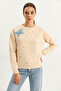 Women's Crew Neck Sweatshirt with Butterfly Accessories, Stone Embroidery, Three Thread Shadon Beige Sweatshirt - 5