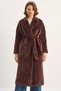 Women's Bearded Soft Textured Double-Breasted Collar Lined Brown Coat with Belt and Pocket Detail - 7