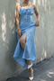 Women's Summer Blue Chest Gathered Front Slit Strappy Long Dress 50322 - 2