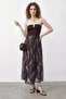 Women's Shawl Patterned Elastic Waist Lined Belted Long Tulle Navy Blue Skirt - 4