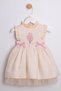 Girl's Floral Embroidered Tulle Detailed Dress Beige