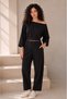 Women's Black Crop Sweatshirt Boat Neckline Stitching Detail Sweatshirt Elastic Waist Pocket Bottom Modal Fabric Set - 4