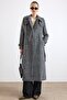 Cape Detailed Double-Breasted Plaid Long Coat Black 3169