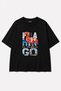 Women's Oversize 100% Cotton T-Shirt Comfortable Fit Flamingo Printed T-Shirt - Black