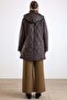 Large Size Quilted Coat with Detachable Fur Collar and Hood Brown 6902 - 8