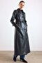 Removable Leopard Pattern Fur Long Leather Trench Coat Black 6893 - 6