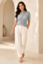 Women's Gray Polo Collar Short Sleeve Buttoned Openwork Knitwear Blouse 23070 - 4