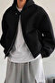 Men's Black Oversize Sweatshirt with Front Buttons and Zipper, Three Thread Ribbed Design - 3