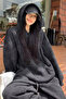 Washed Black Washed 3 Thread Oversize Hooded Premium Sweatshirt with Elastic Cuffs Shalwar Tracksuit Set - 4