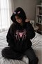 Unisex Black Spider Patterned Oversize Hooded Sweatshirt Is Made from 3-Thread Fabric.