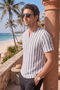 White Gray Striped Linen Summer Casual Short Notch Collar Relaxed Fit T-Shirt Shirt - 3
