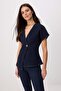 Koyu Mavi Düğme Detaylı V Yaka Asimetrik Denim Bluz TWOSS26BZ00828 - 2